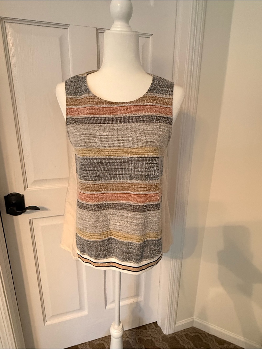 Mystree Sleeveless Striped Knit Tank Top in Gray and Cream